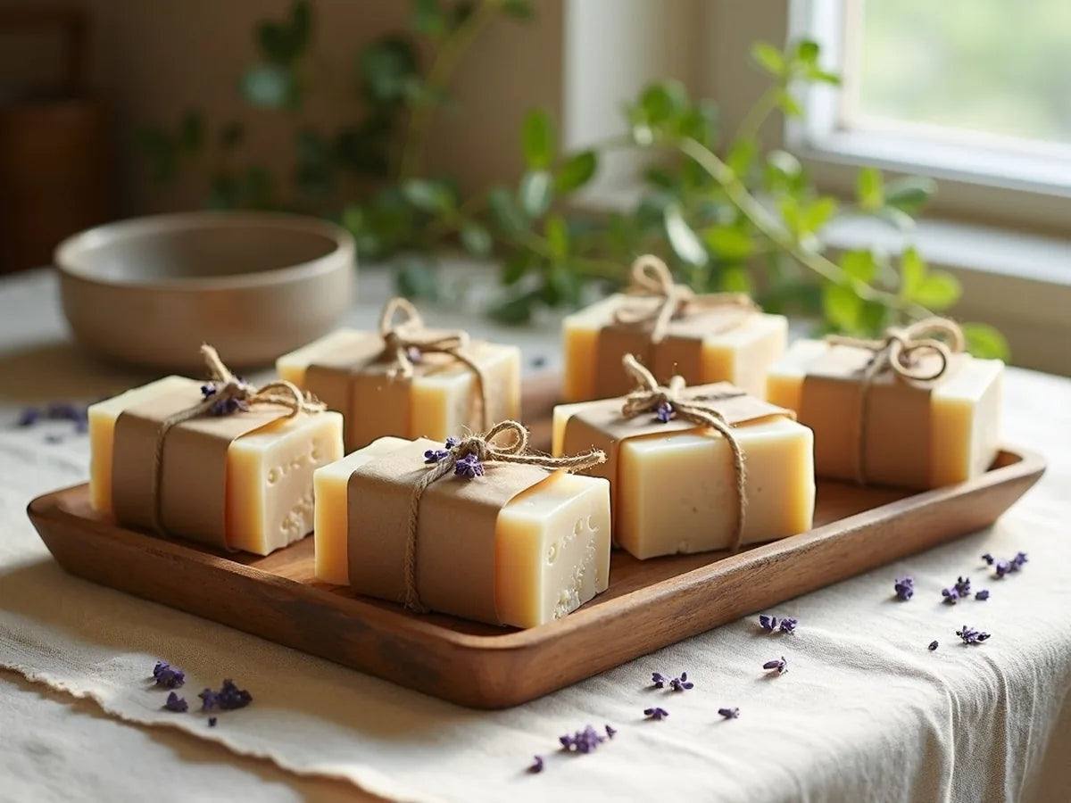 Colección de jabones artesanales envueltos en papel kraft con hilo de yute y lavanda, sobre una bandeja de madera