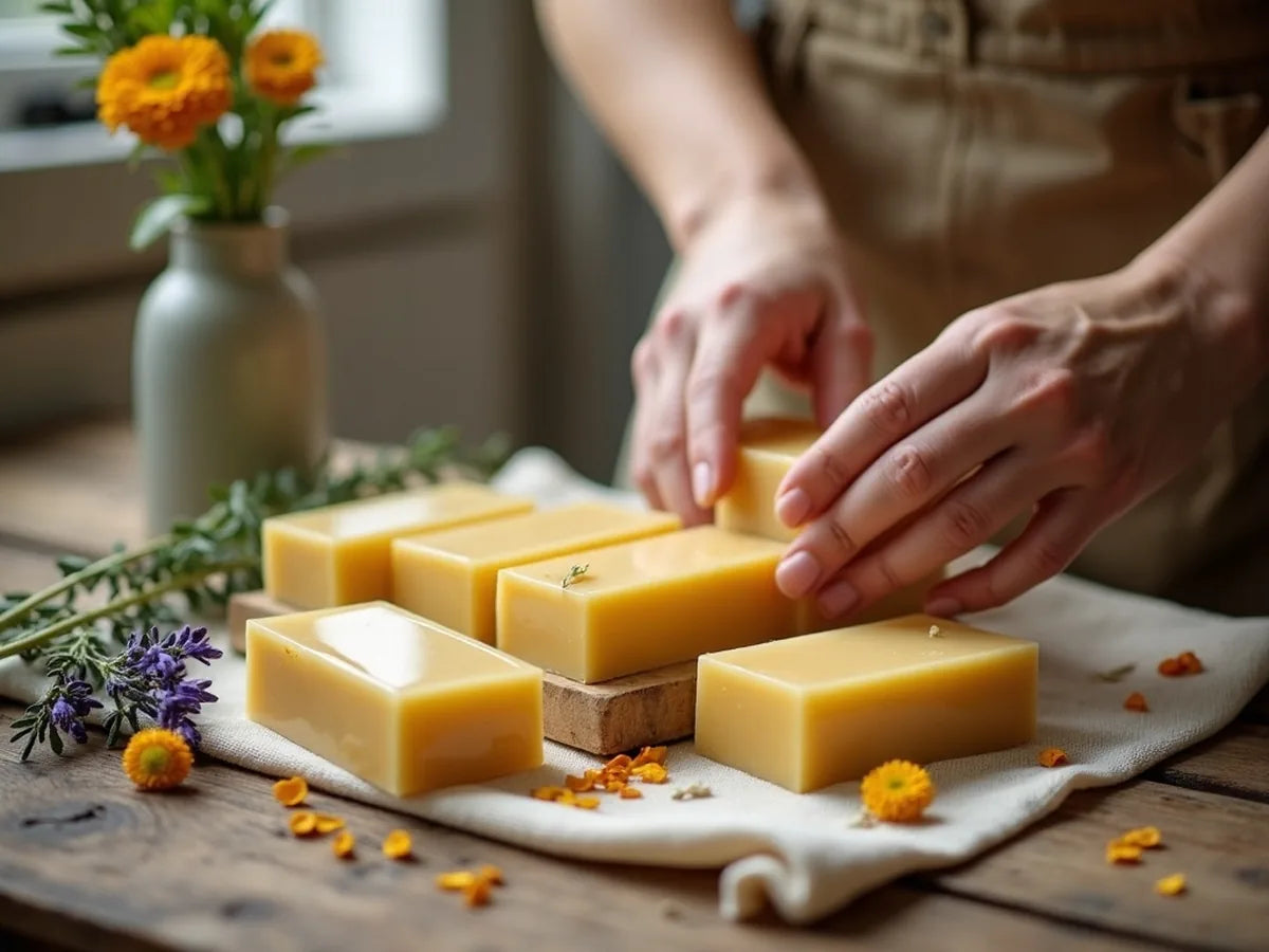 Manos trabajando jabones artesanales sobre una mesa de madera con lavanda y caléndula